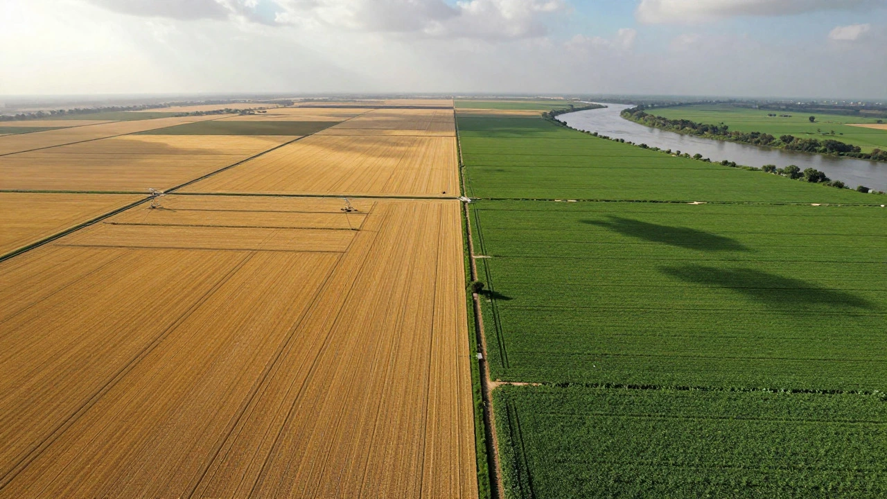 Aerial view contrasting golden wheat fields in India with green crops in Pakistan