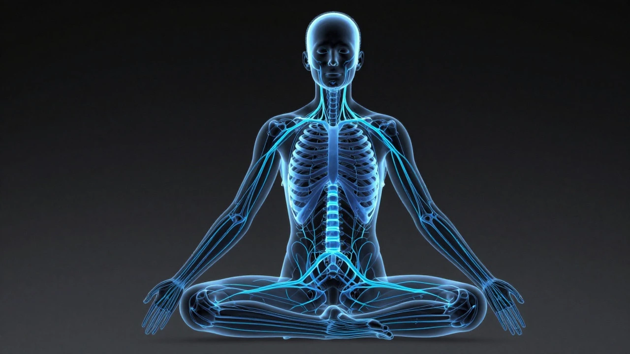 Anatomical diagram showing nervous system response to yoga