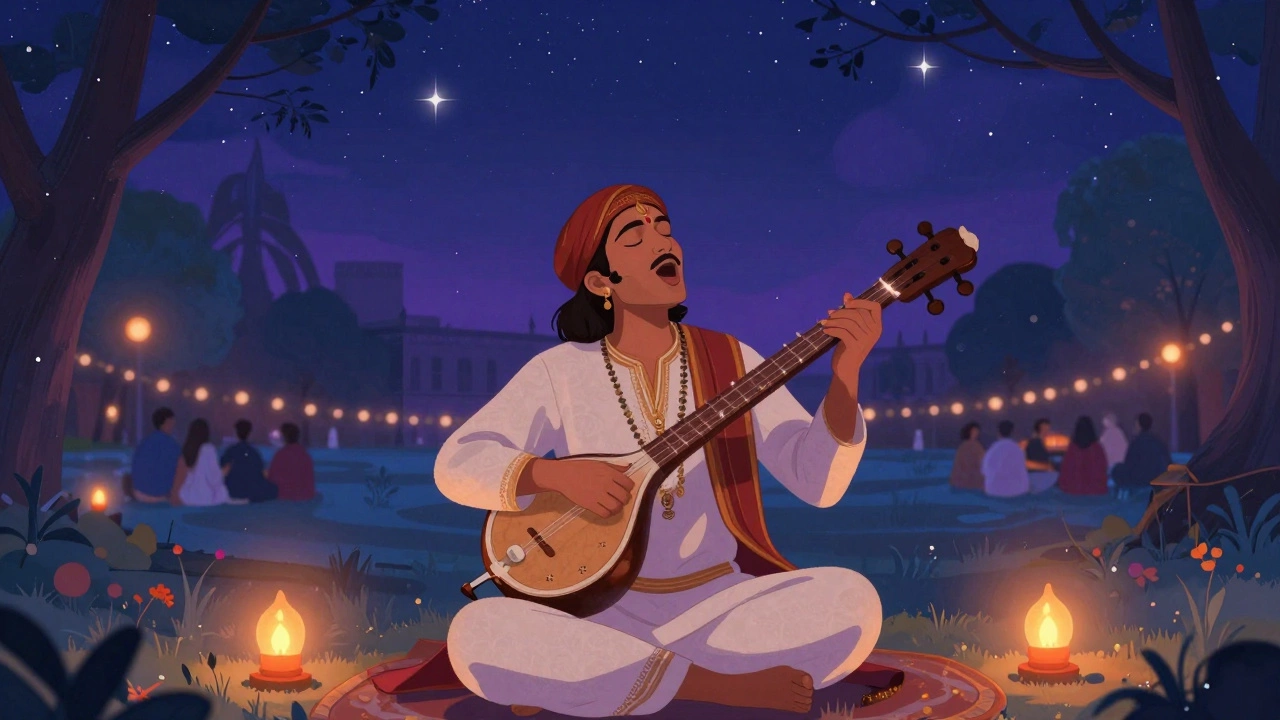 Baul folk singer playing ektara under starry night sky