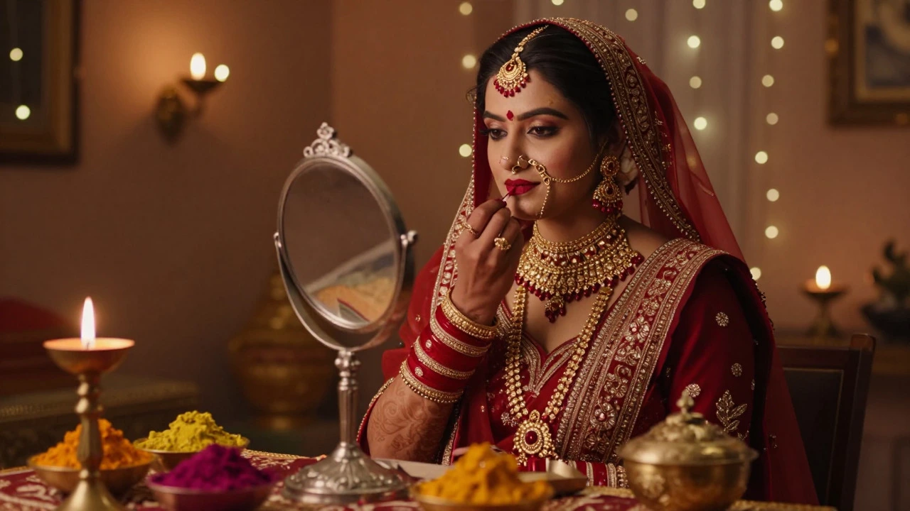 Bride applying heavy red makeup and wearing gold jewelry in bridal room
