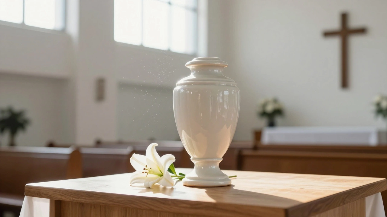 Ceramic urn on a church altar during a modern memorial service