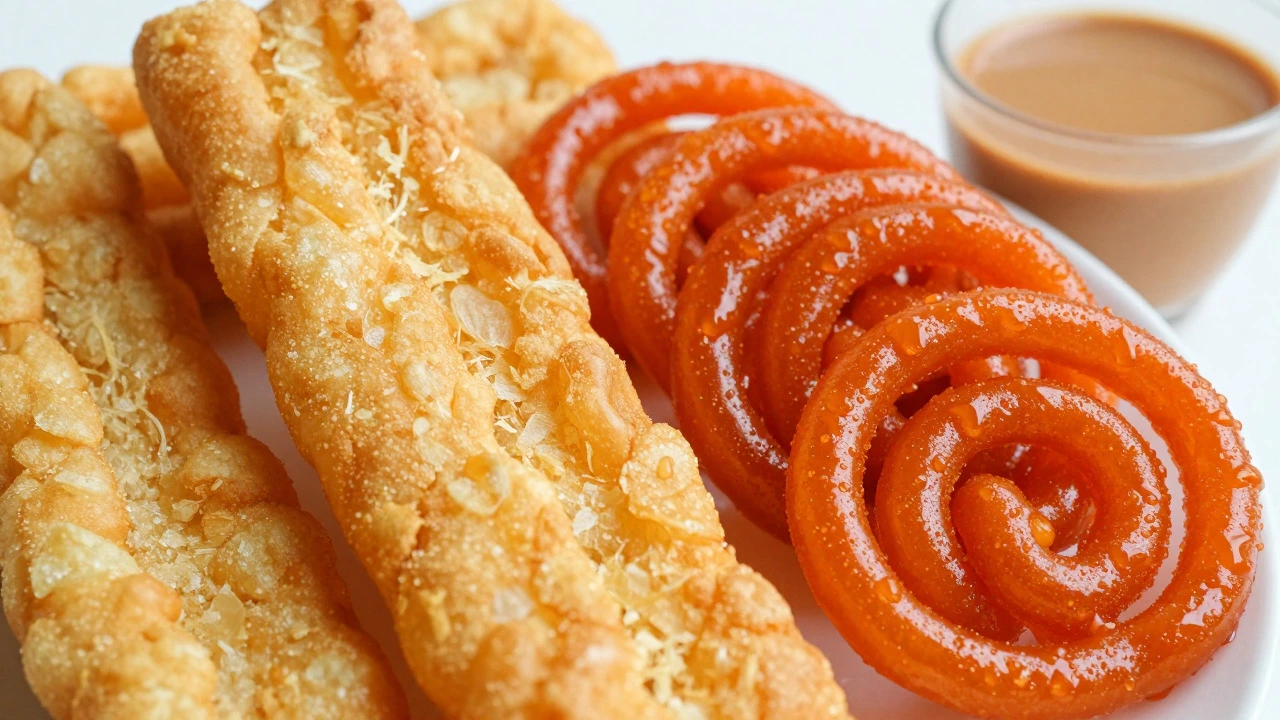 Crispy Fafda strips paired with sweet, syrupy Jalebi spirals