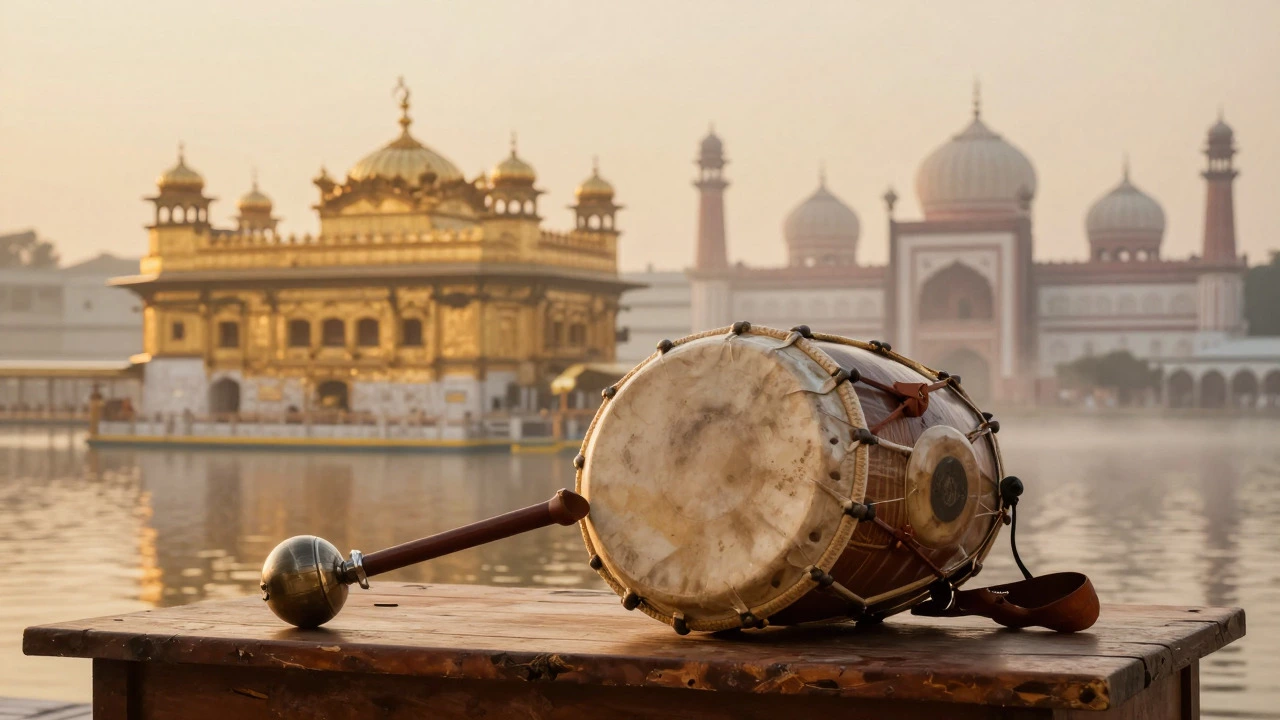 Dhol drum and tumbi with blurred silhouettes of Golden Temple and Badshahi Mosque