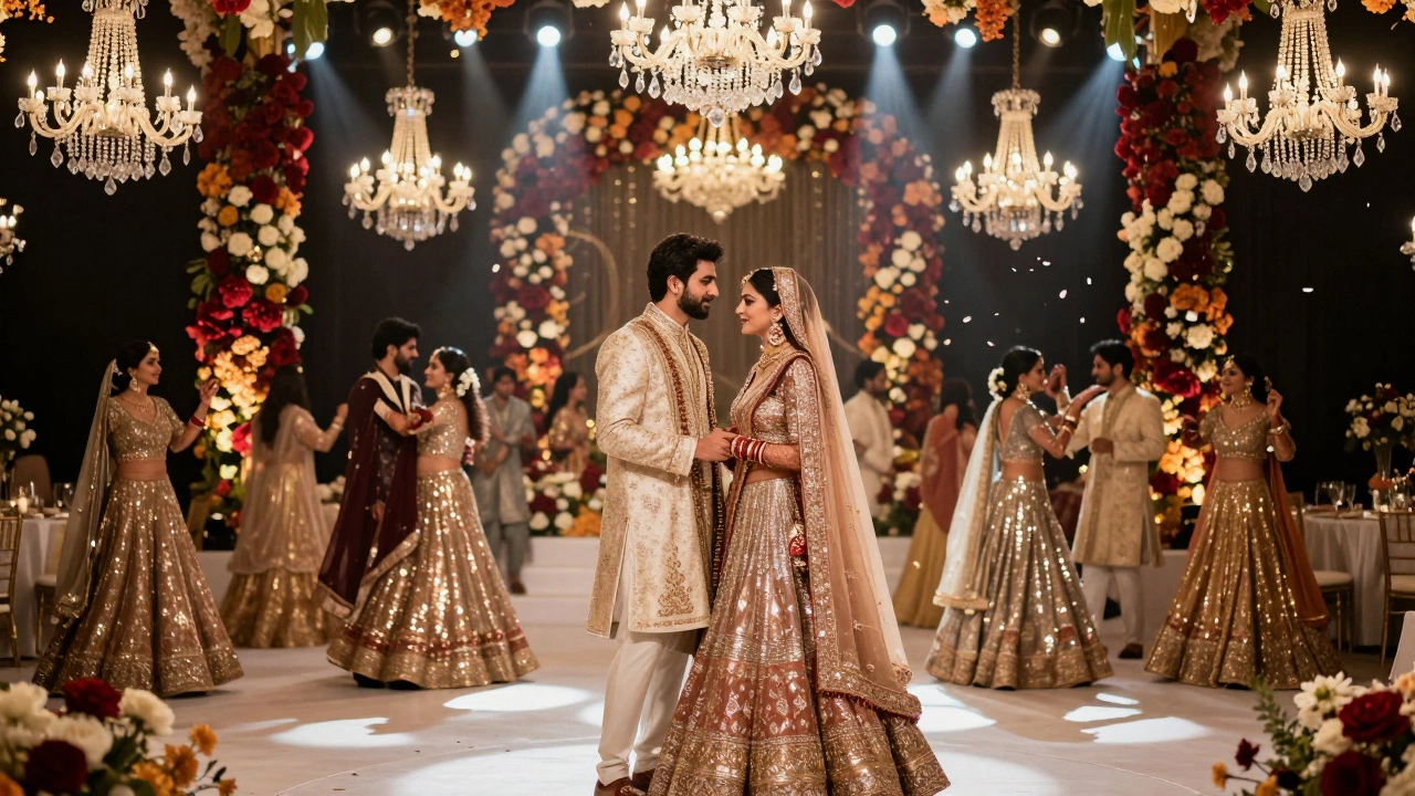 Grand Indian wedding reception with couple and guests in formal attire