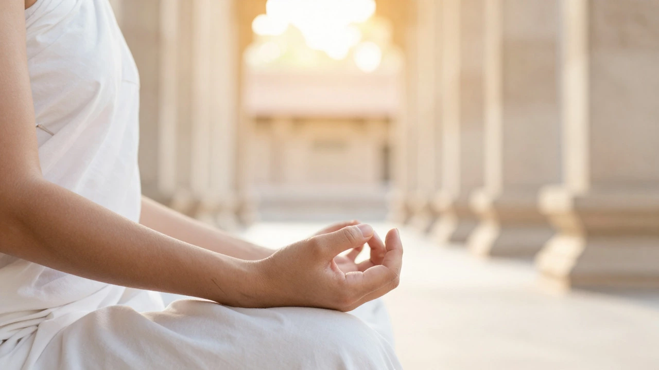 Hands in meditation gesture with blurred temple background