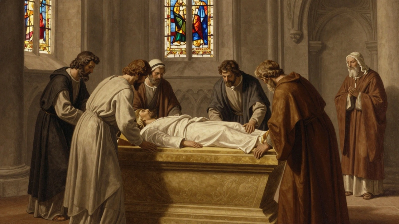 Historical depiction of early Christian burial rituals in a church
