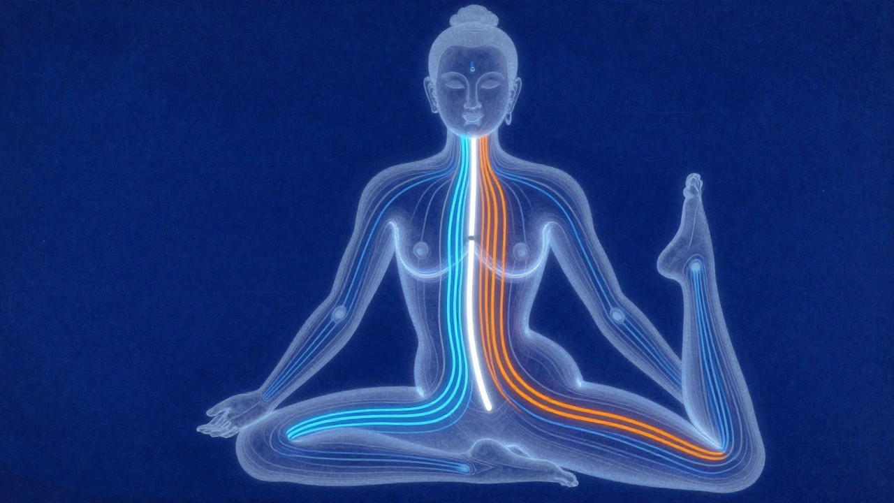 Illustration of energy channels flowing through a yoga practitioner