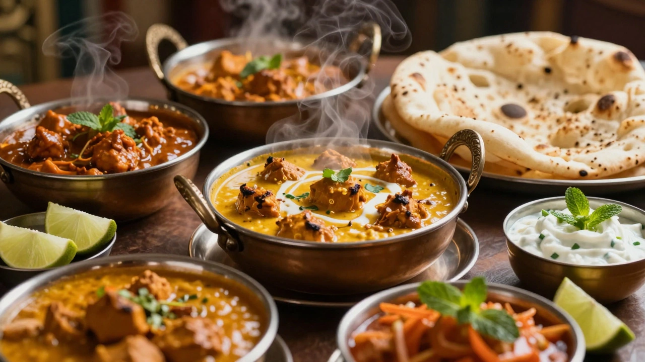 Lavish spread of traditional Indian wedding food including curries and breads