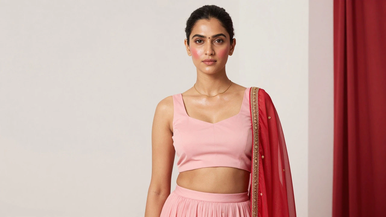 Modern Indian bride with natural dewy makeup and pastel outfit
