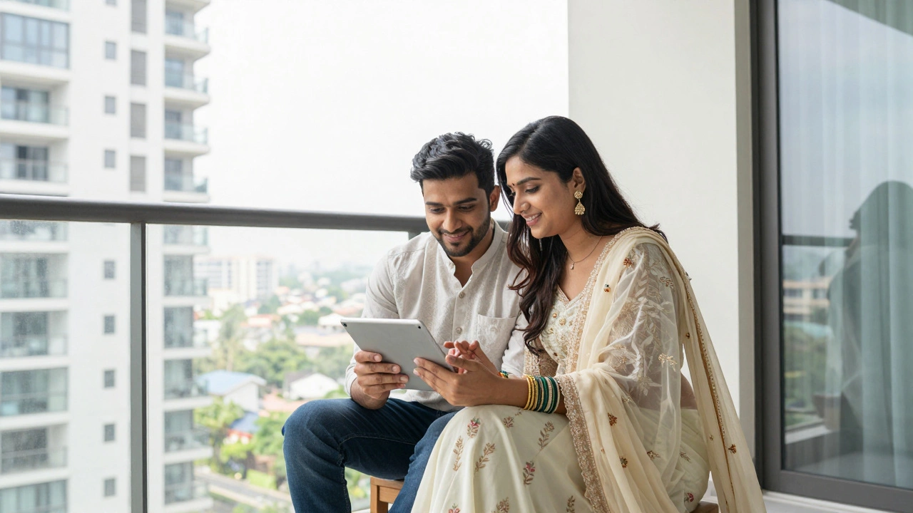 Young Indian couple planning wedding budget together on a balcony