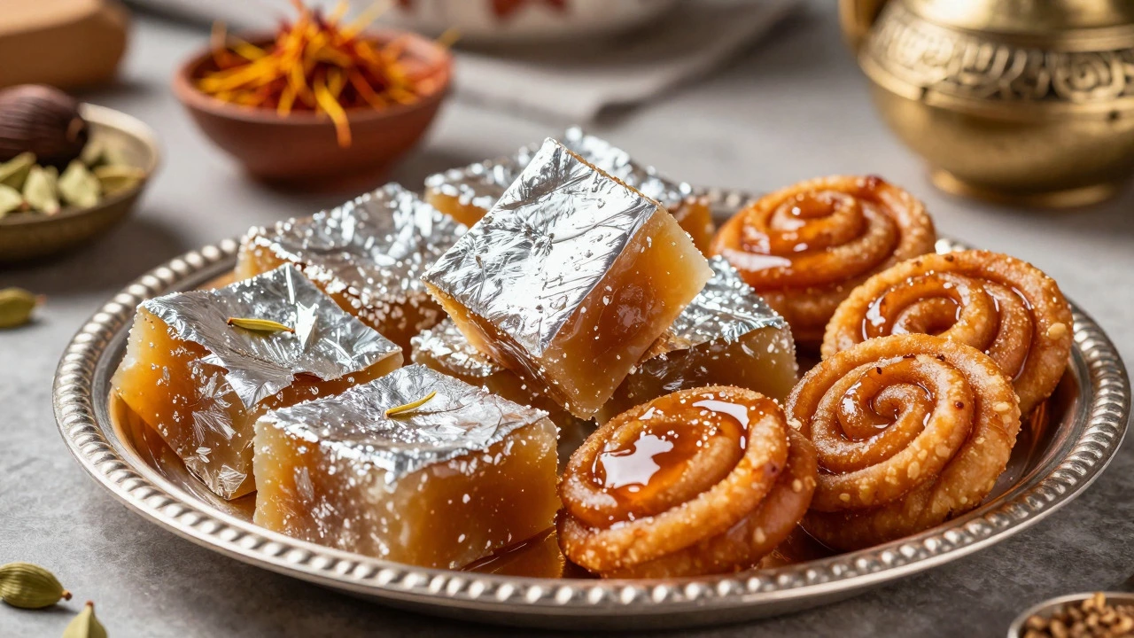 Assorted traditional Indian sweets including Kaju Katli and Gulab Jamun on a platter.