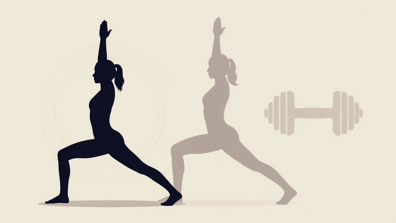 Conceptual art comparing yoga balance with weightlifting strength