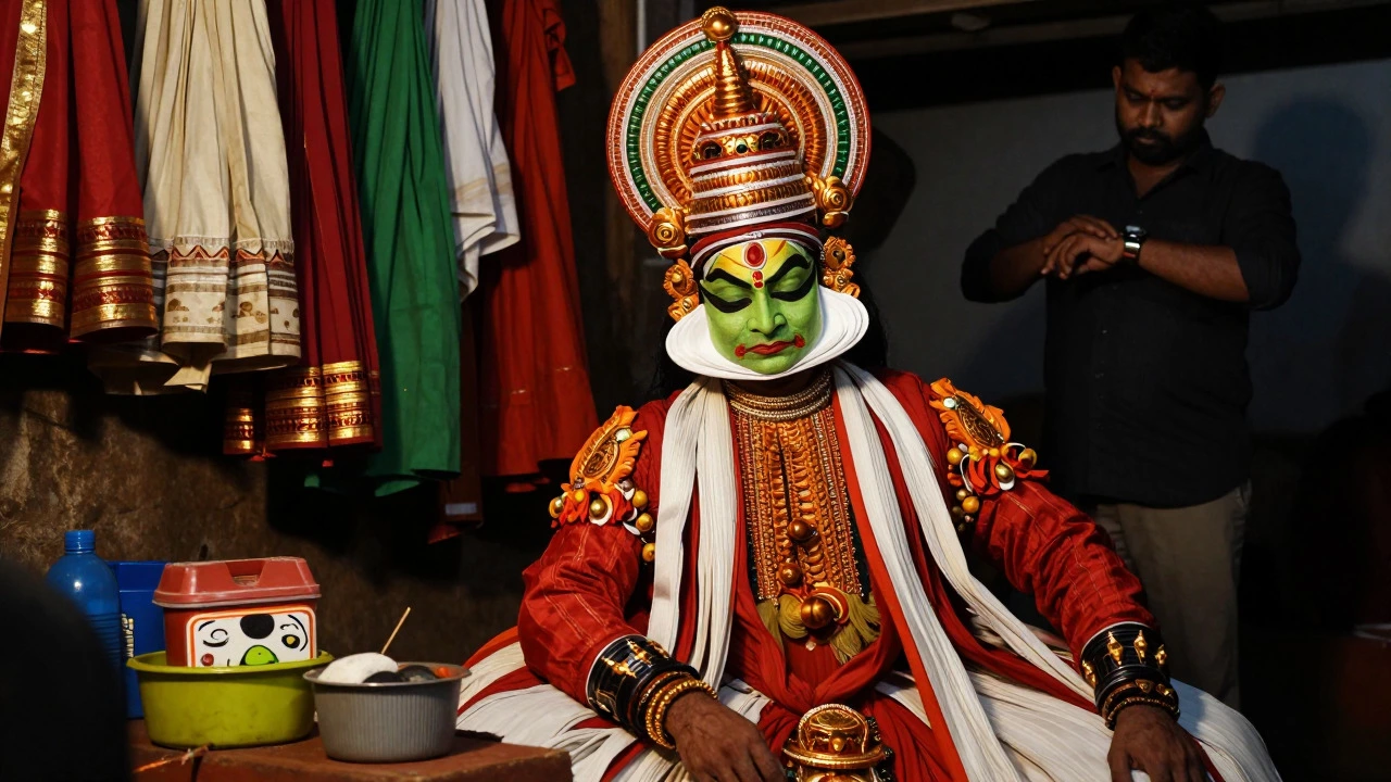 Exhausted Kathakali dancer backstage revealing staged cultural performance