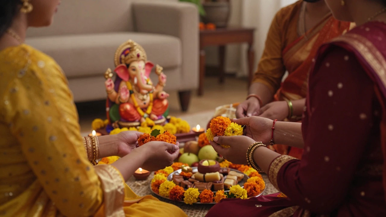 Family performing evening prayers around an altar decorated with flowers and lamps.