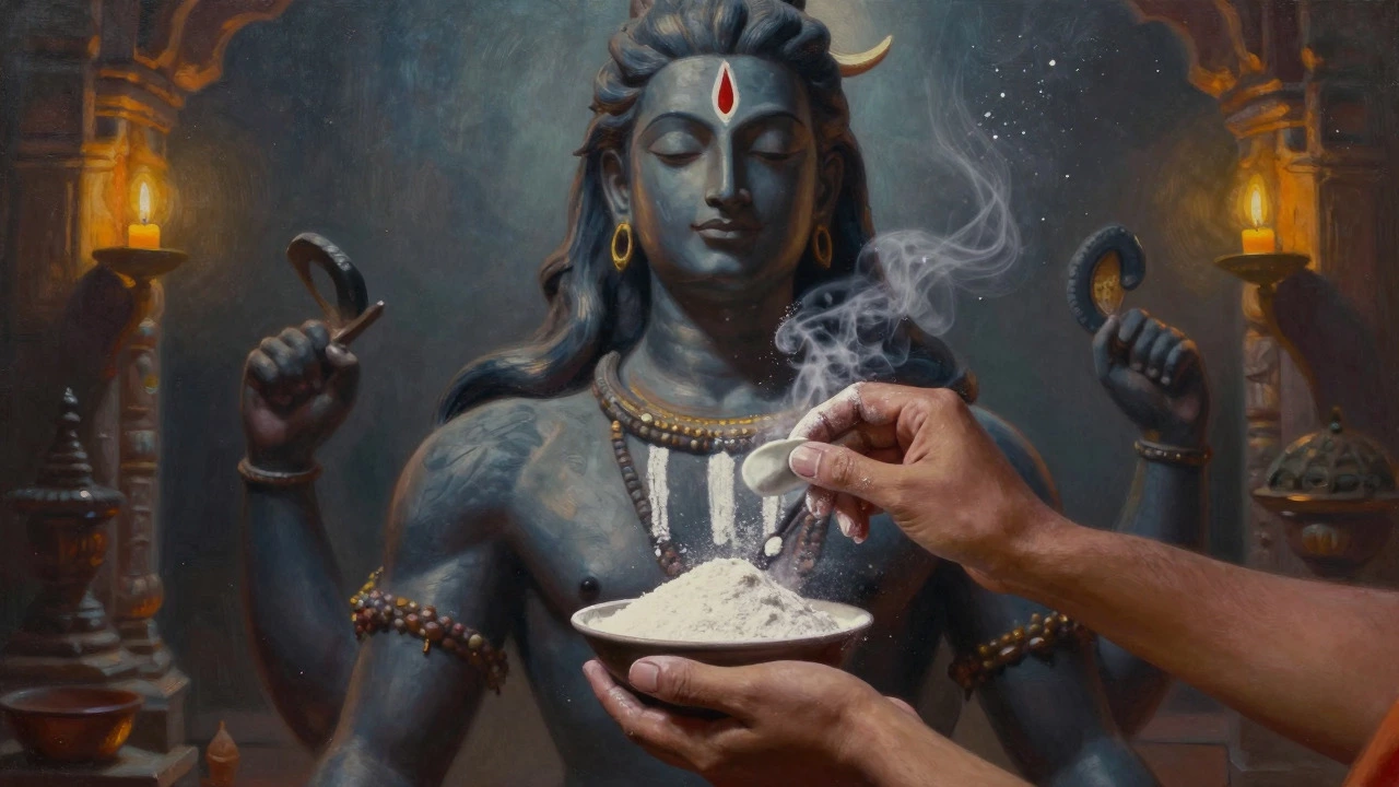 Hands applying white sacred ash in three lines to a blue-skinned deity