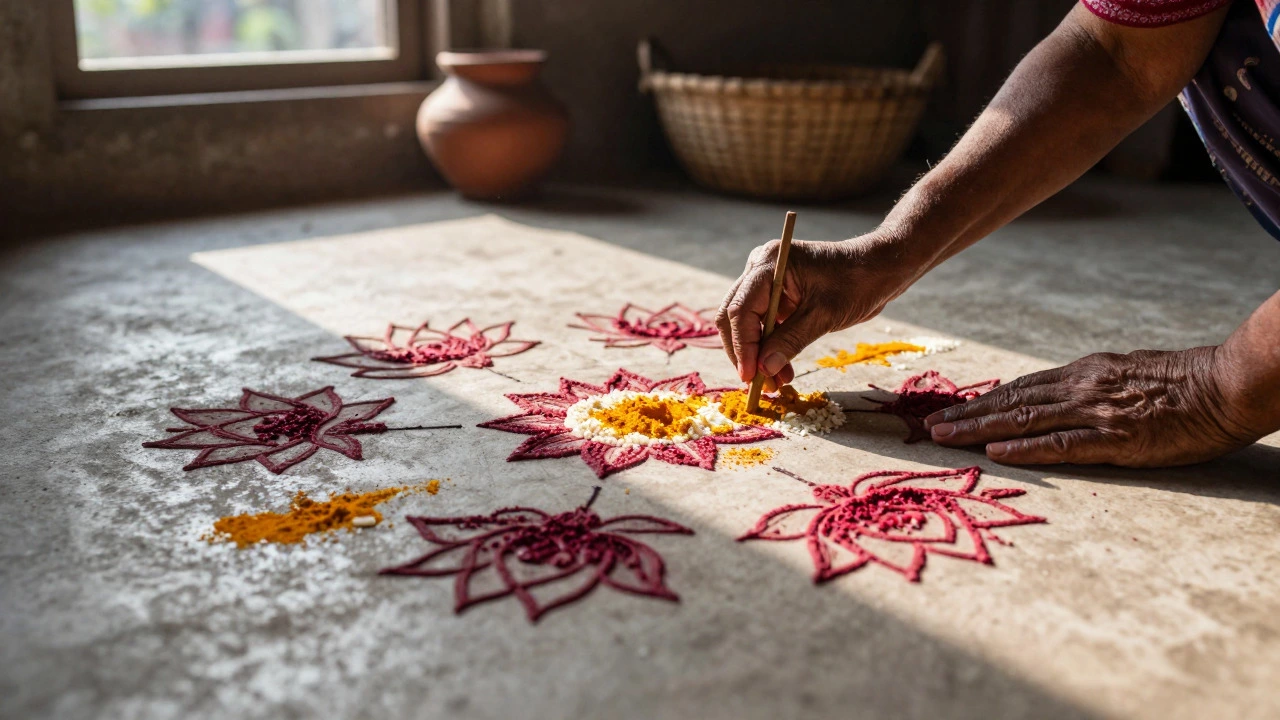 Hands painting a traditional Alpana pattern on a floor with rice paste at sunrise