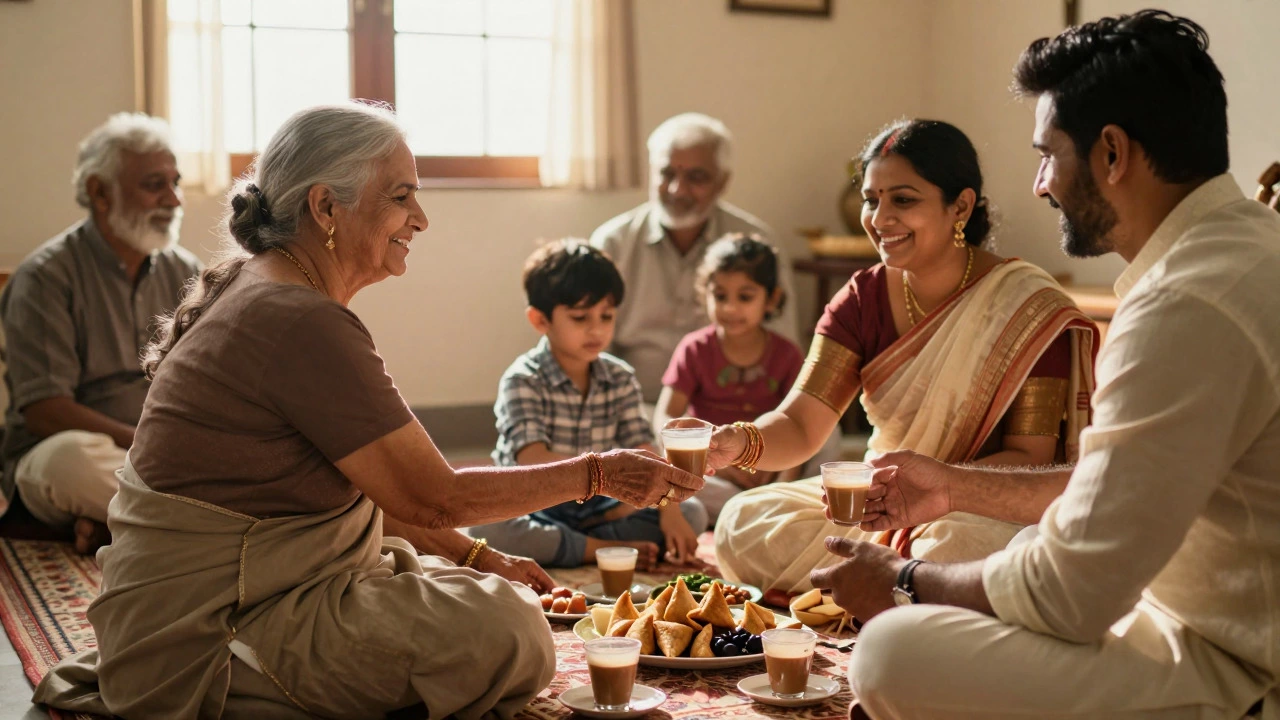Multi-generational Indian family sharing tea and food