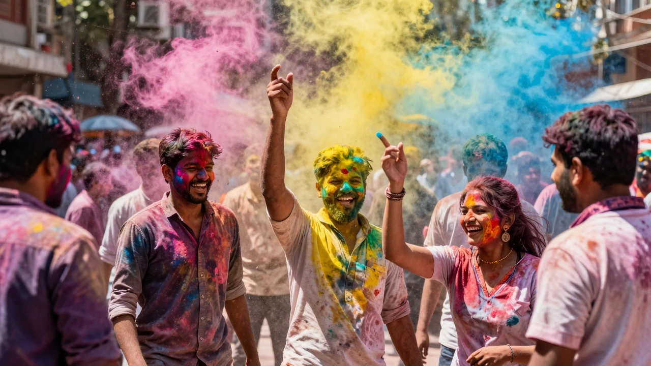 People celebrating Holi festival with colored powder