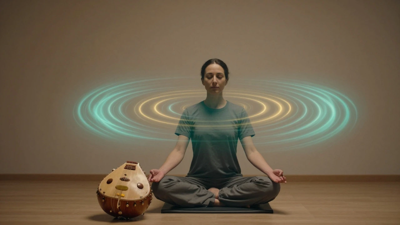 Person meditating with floating sound vibrations and a Tanpura