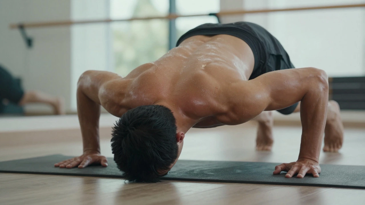 Person performing Chaturanga pose showing arm muscle engagement