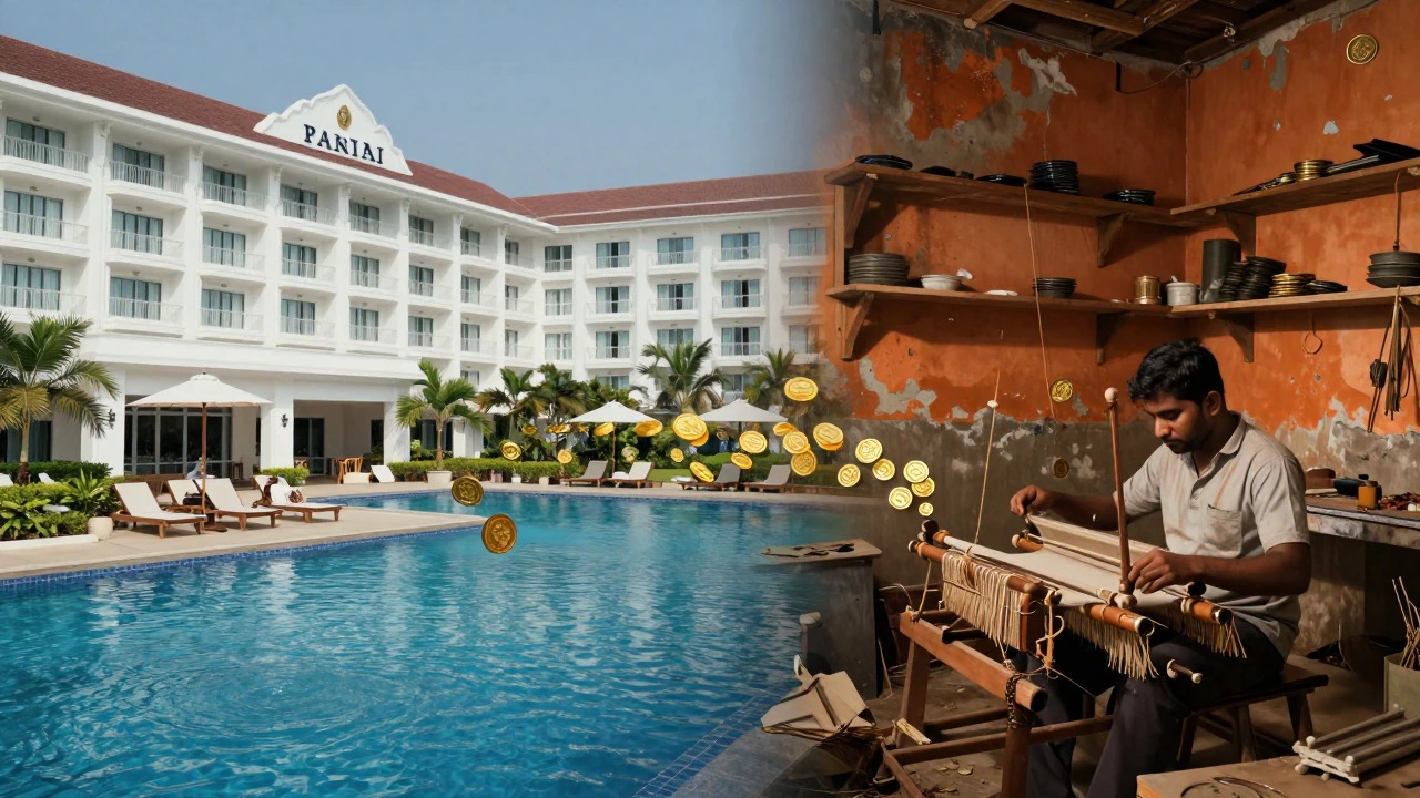 Surreal art showing money flowing to hotels while local artisans struggle
