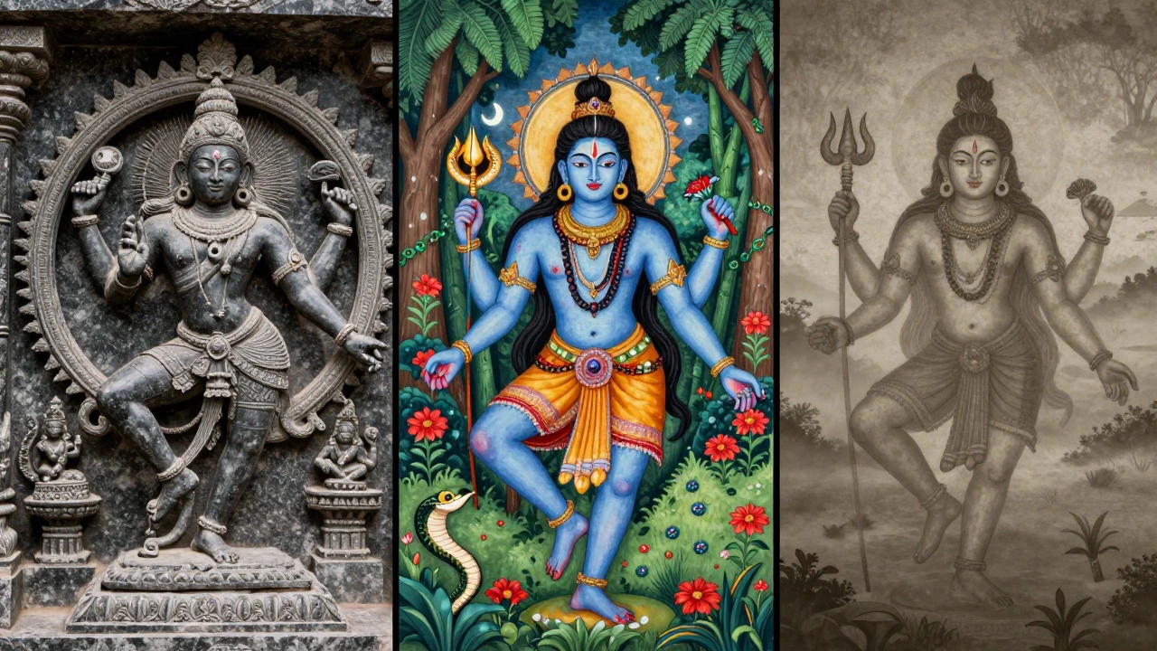 Three panels showing different regional art styles of Lord Shiva