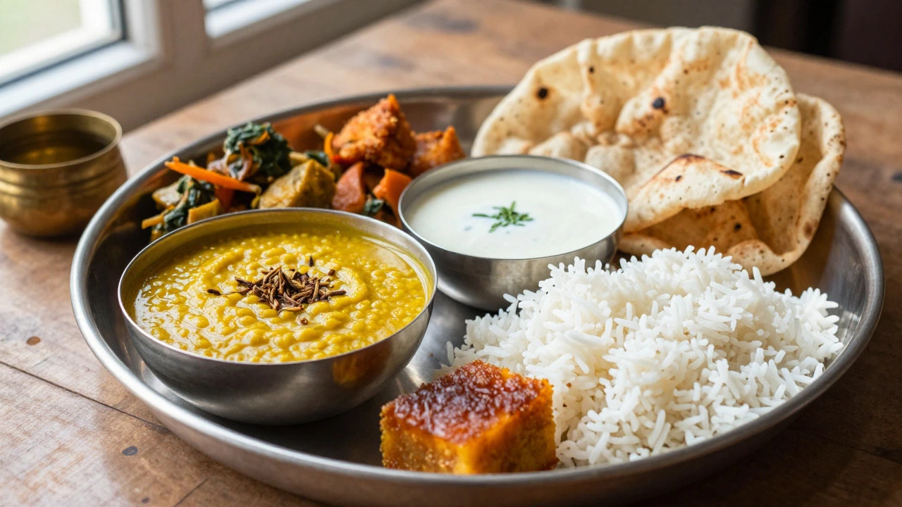 Traditional Gujarati Thali with dal, roti, kadhi, and sweets on steel plate