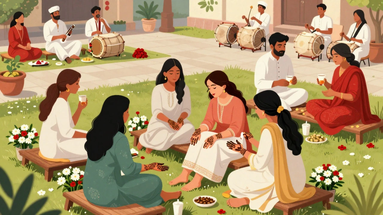 Women receiving henna designs at a Pohela Boishakh fair in white and red clothes