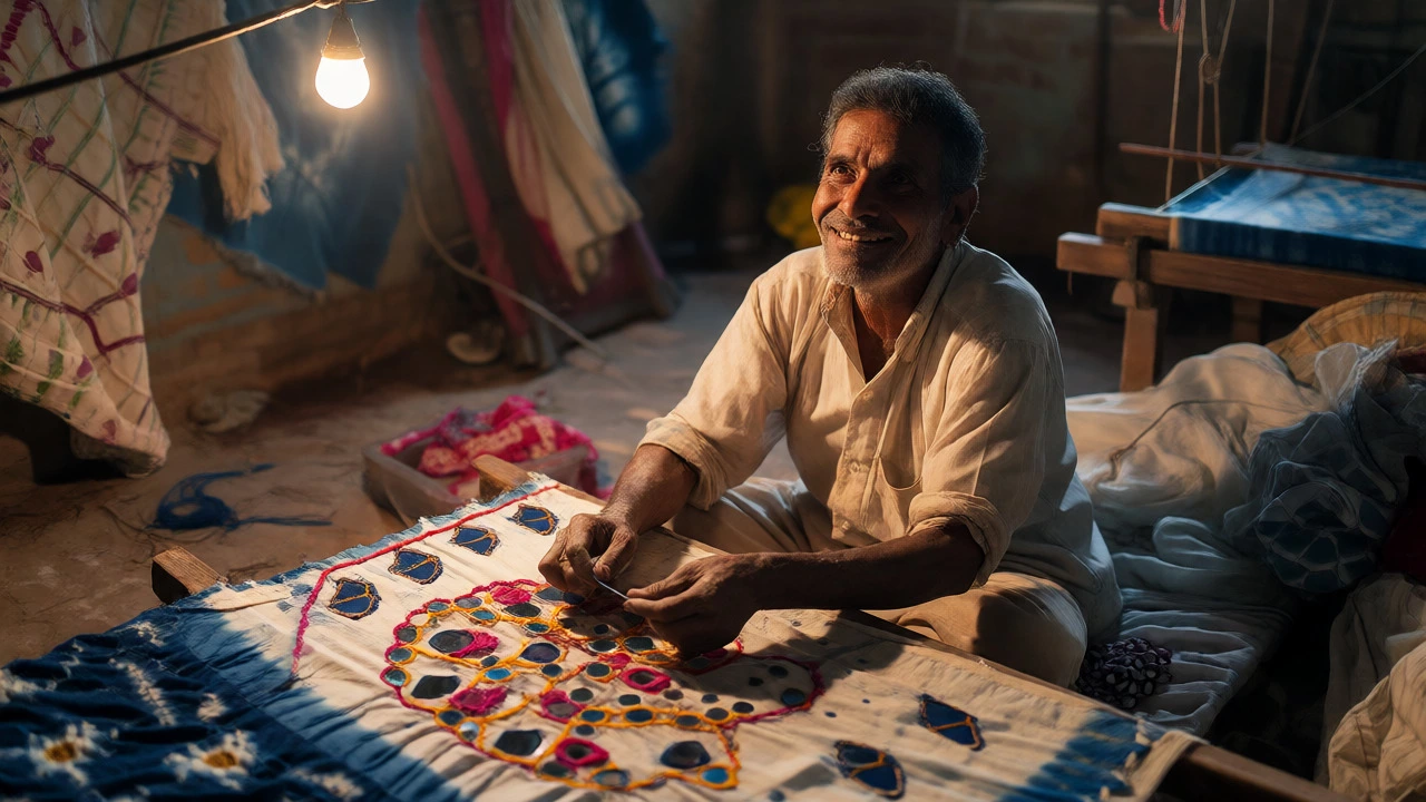 Artisan smiling while crafting Bandhani fabric in a rustic workshop