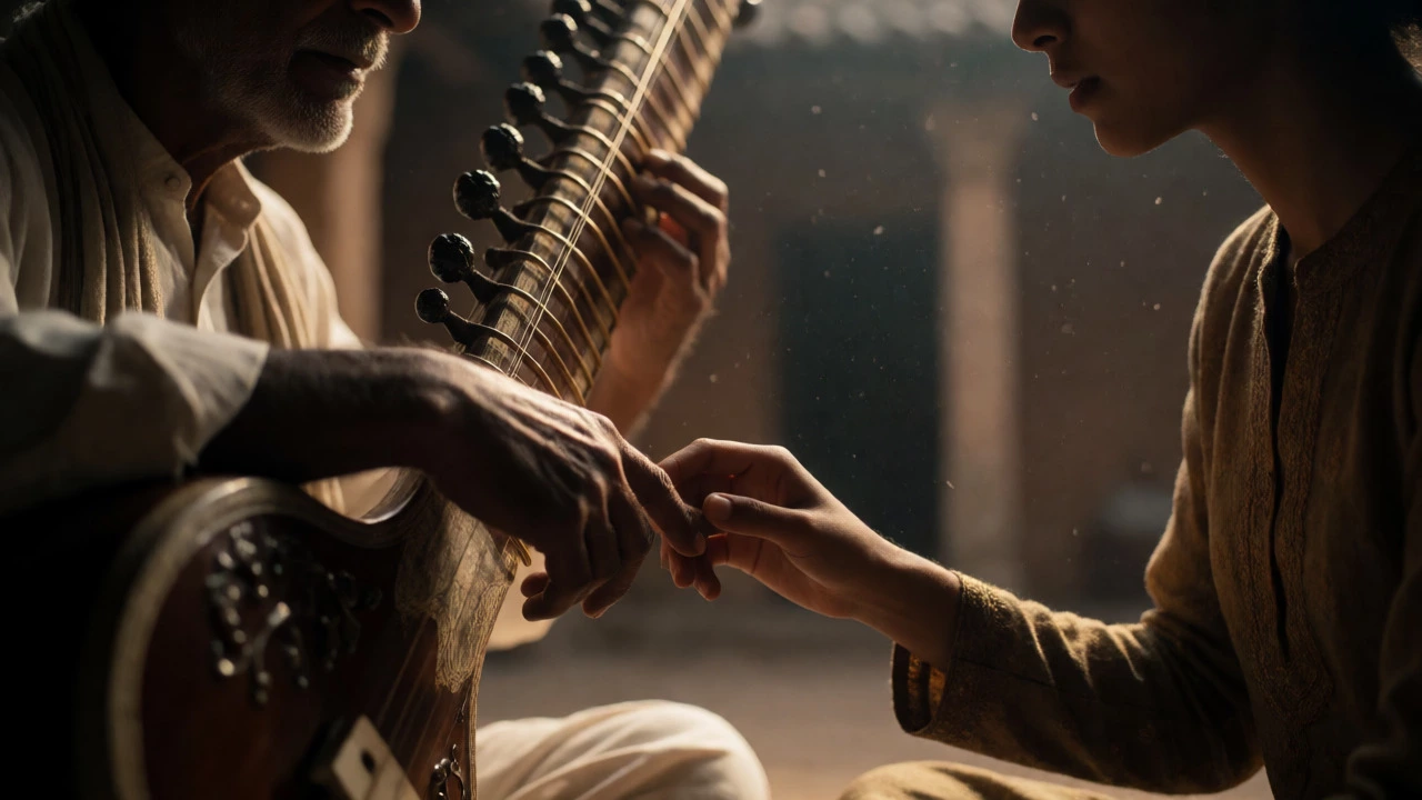 Close-up of a guru teaching a student to play the sitar in a courtyard.