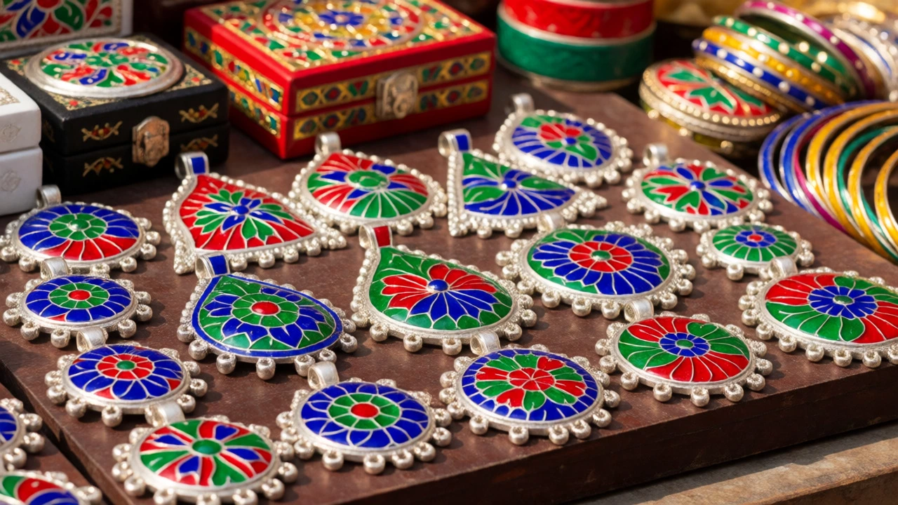 Colorful Meenakari enamel jewelry pieces displayed on a dark wooden table.