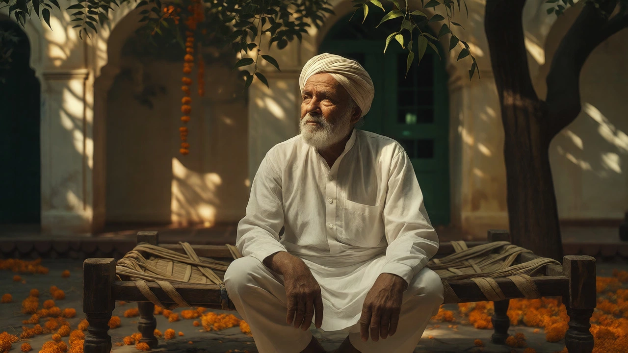 Contemplative portrait of a Punjabi bard sitting on a cot in a flower-filled courtyard.