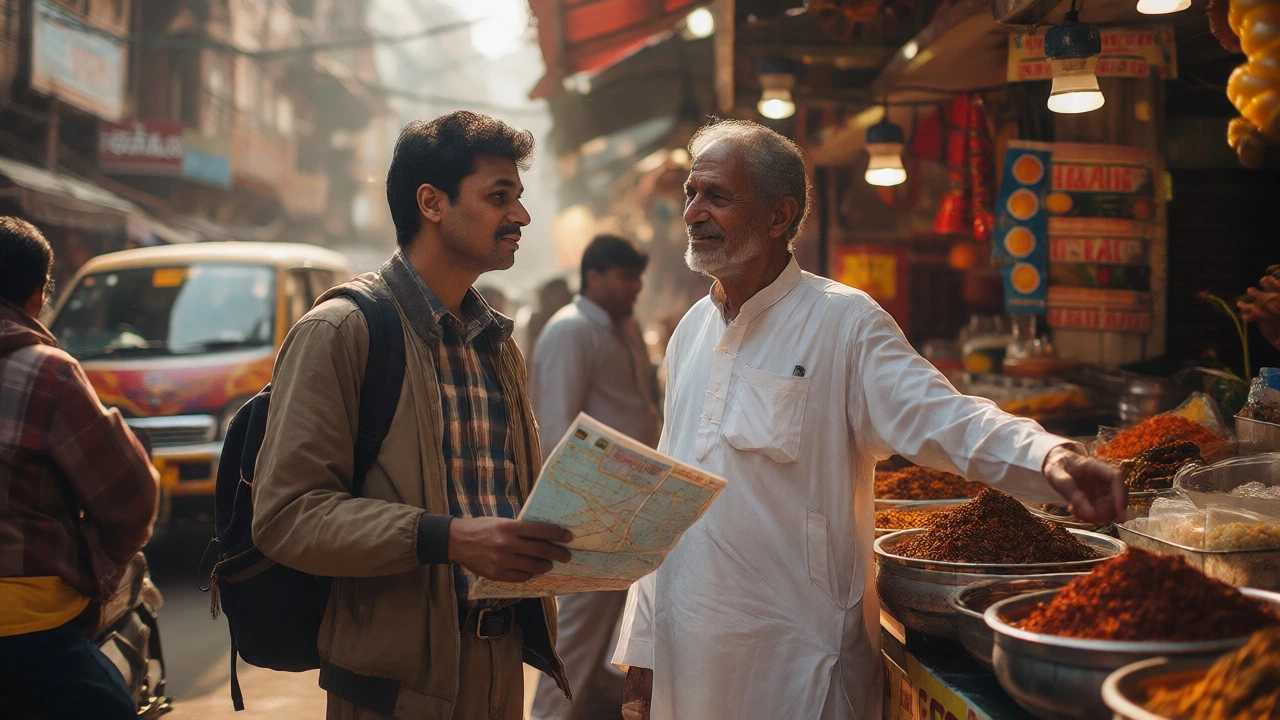 Diaspora tourist navigating chaotic Old Delhi streets with local guide