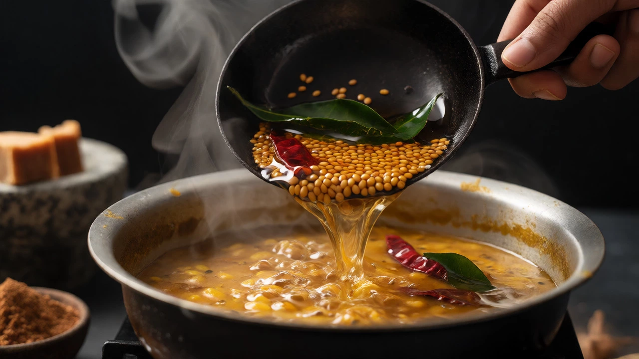 Hot oil tempering with mustard seeds and curry leaves being poured into a pot of simmering Gujarati dal.