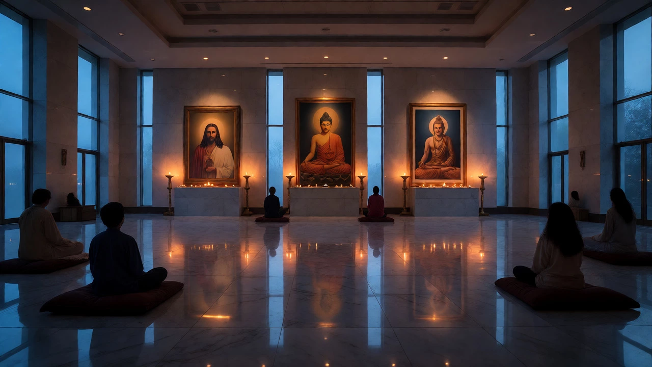 Interior of a meditation hall with portraits of Jesus, Buddha, and Hindu saints displayed equally.