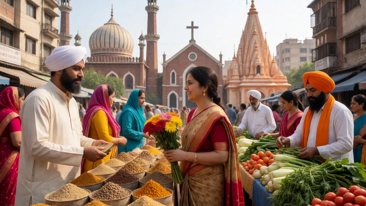 People of different faiths interacting in a bustling Indian street market.