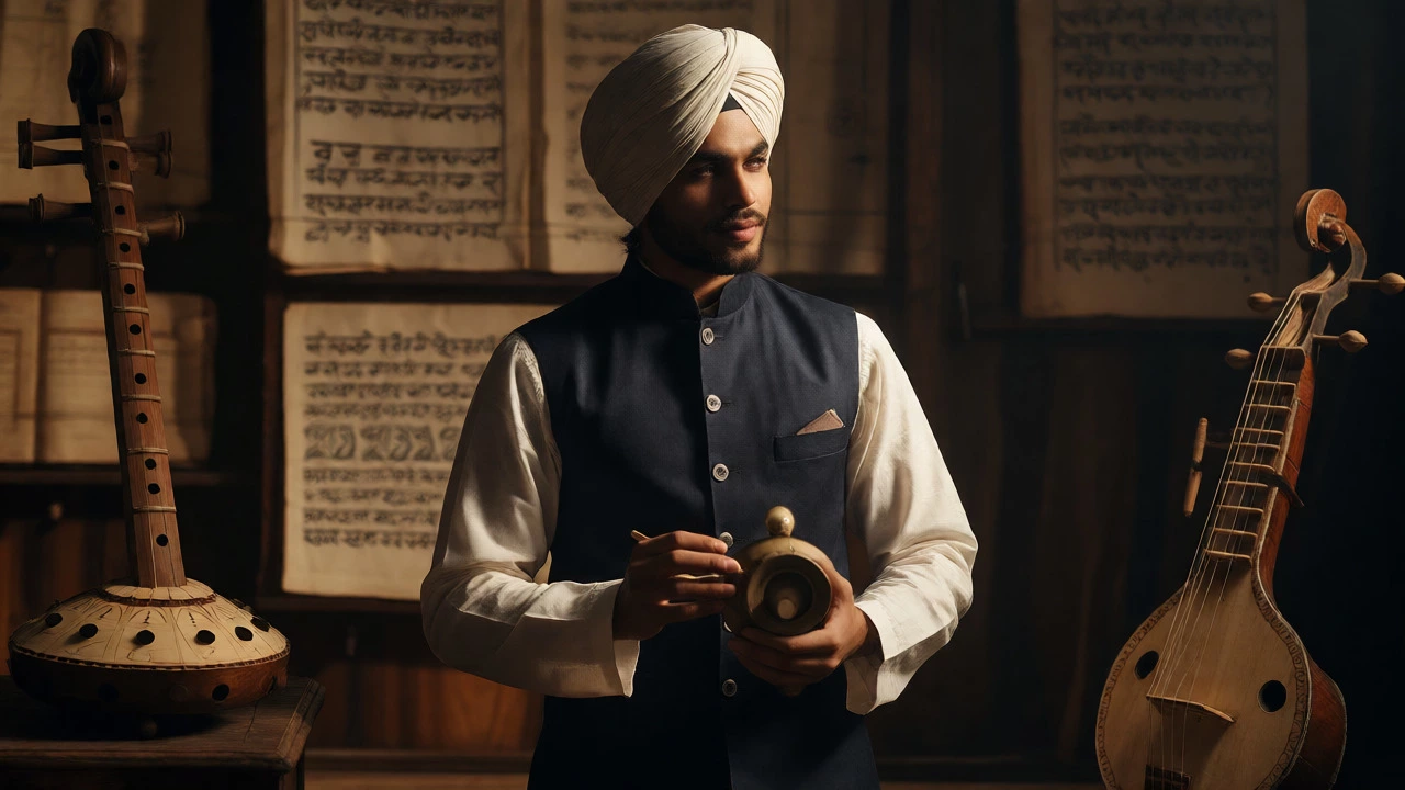 Scholarly Punjabi singer holding a Tumbi amidst classical instruments and manuscripts.