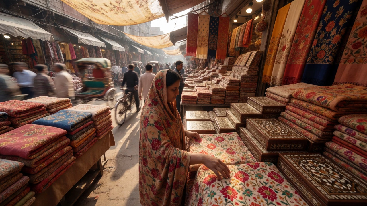 Shopper browsing vibrant Phulkari textiles and crafts in busy Chandni Chowk.