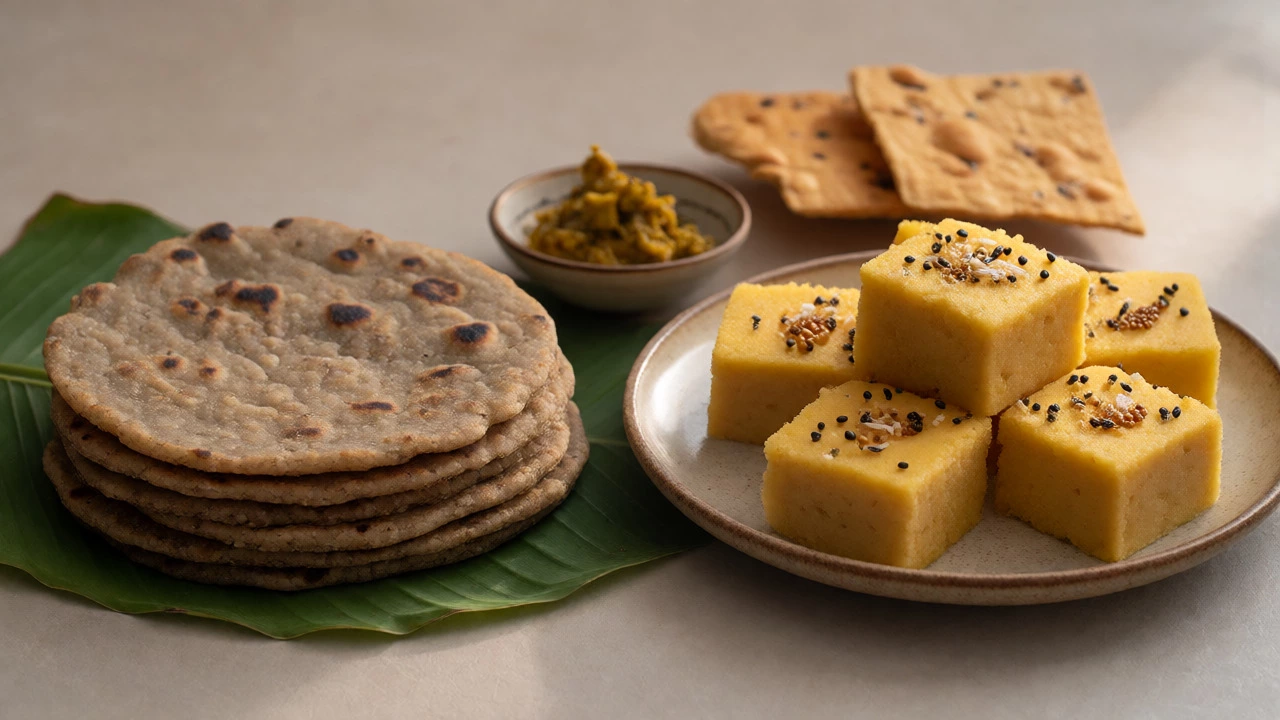 Still life of Bajra roti, yellow Khaman cakes, and pickles representing regional Gujarati food varieties.