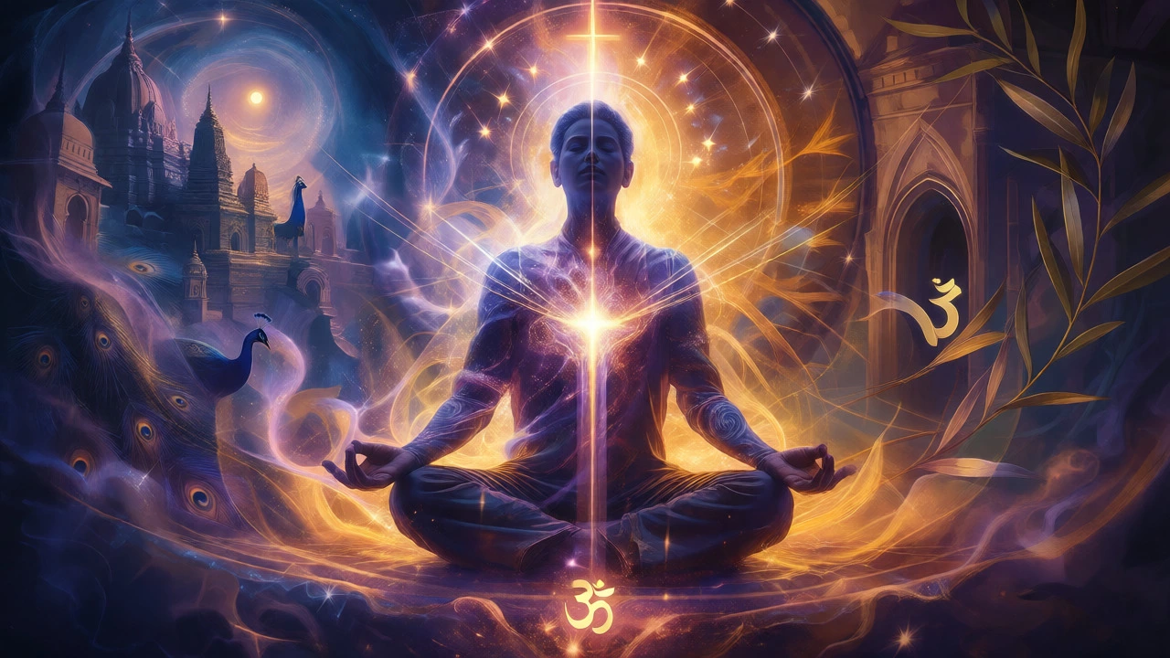 Surreal artwork showing a meditating figure merging Eastern and Western spiritual symbols into light.