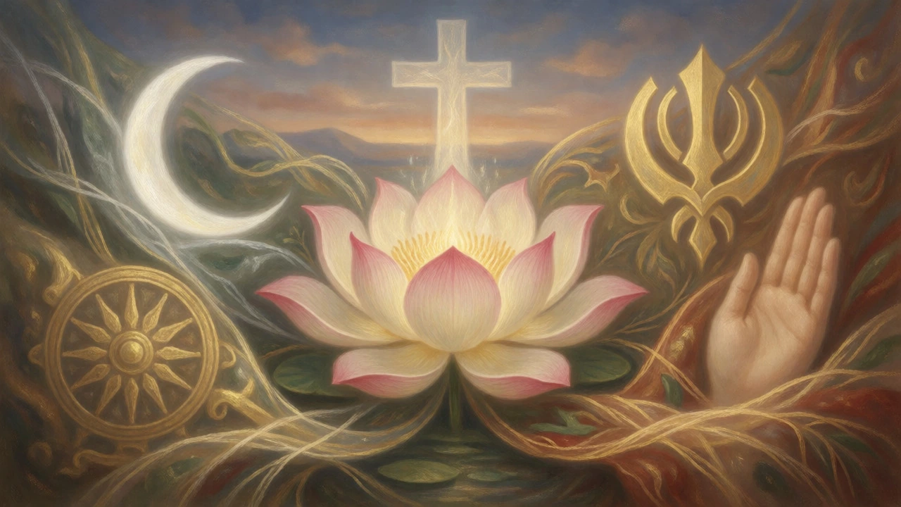 Symbolic illustration of religious harmony with a central lotus and faith symbols.