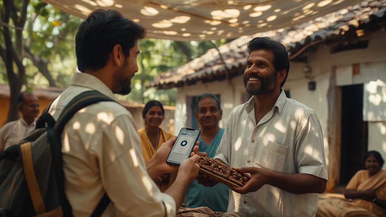 Traveler using phone numbers to bargain with a rural vendor
