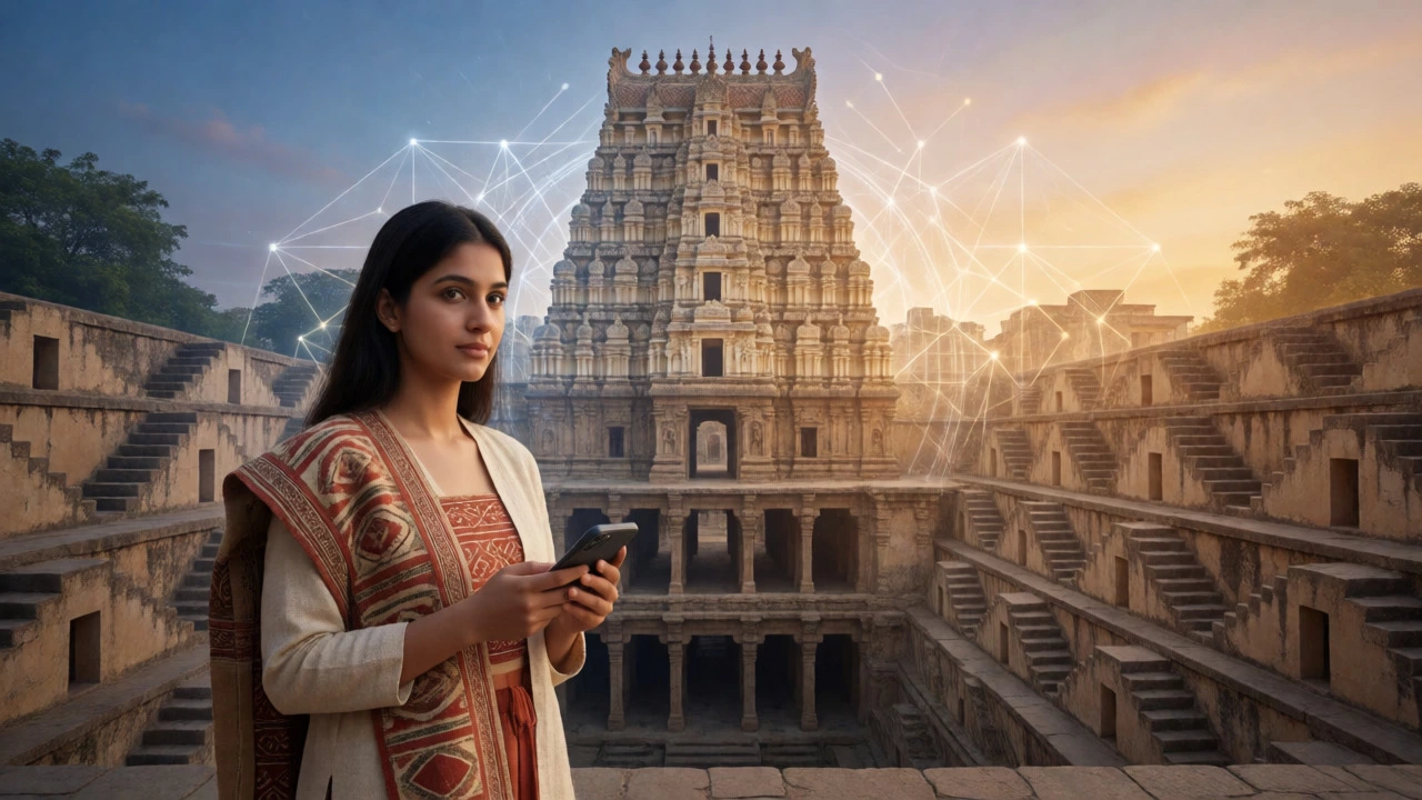 Young woman in modern-traditional attire standing before an ancient temple.