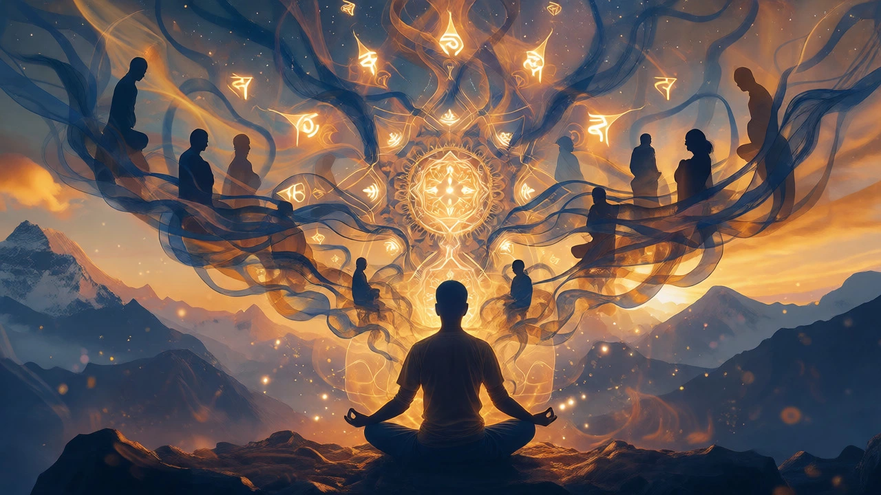 A meditating figure surrounded by glowing light ribbons symbolizing karma and reincarnation cycles.