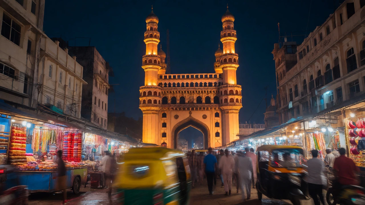 Charminar illuminated at night surrounded by the busy Laad Bazaar market in Hyderabad.
