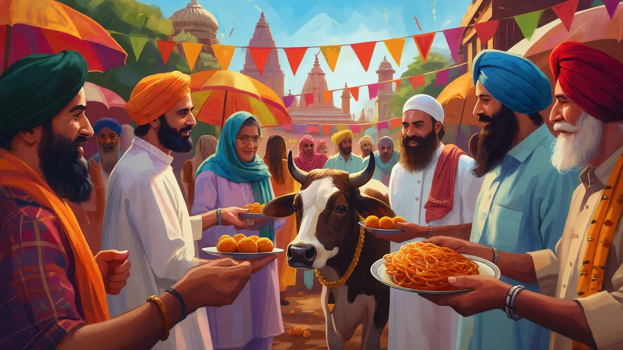 Diverse crowds sharing sweets and respecting a cow during a vibrant Indian street festival.