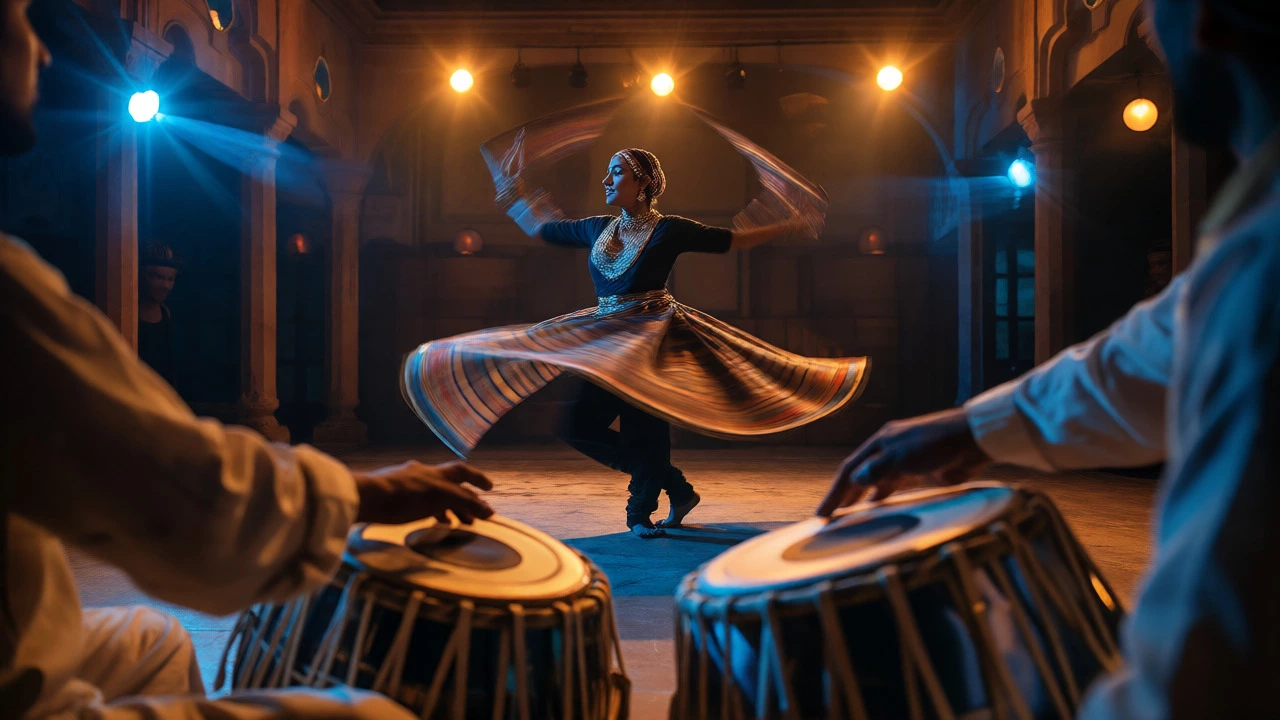 Kathak dancer spinning rapidly with tabla players in background