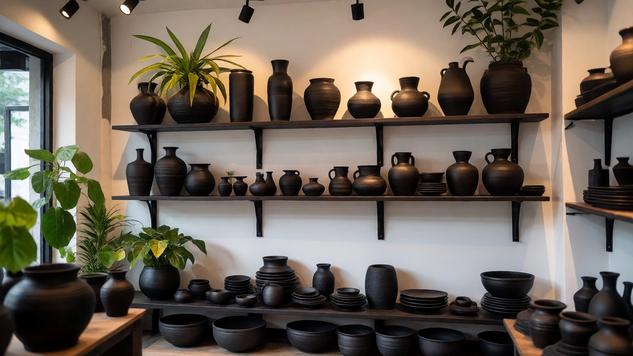 Modern shelves displaying black terracotta vases and planters in a boutique