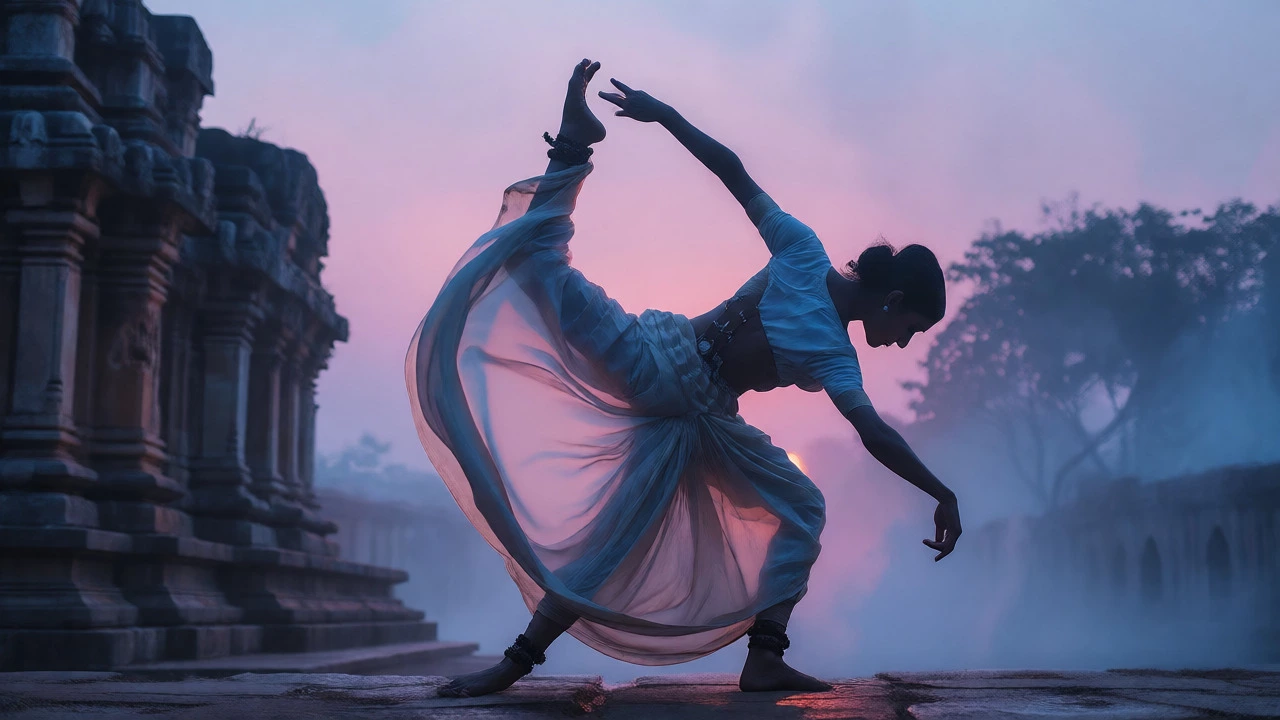 Odissi dancer in tribhangi pose near temple at twilight