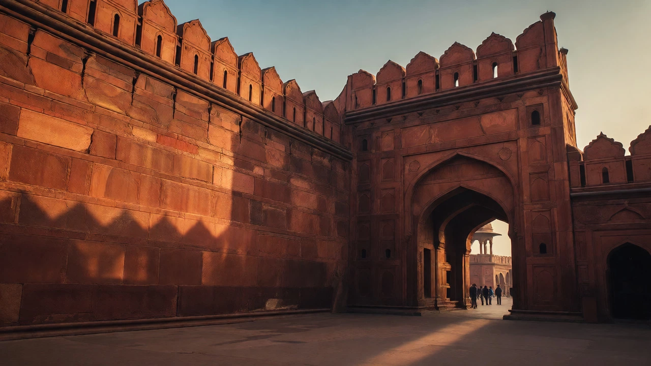 Red sandstone walls of the Red Fort in Delhi under warm evening light.